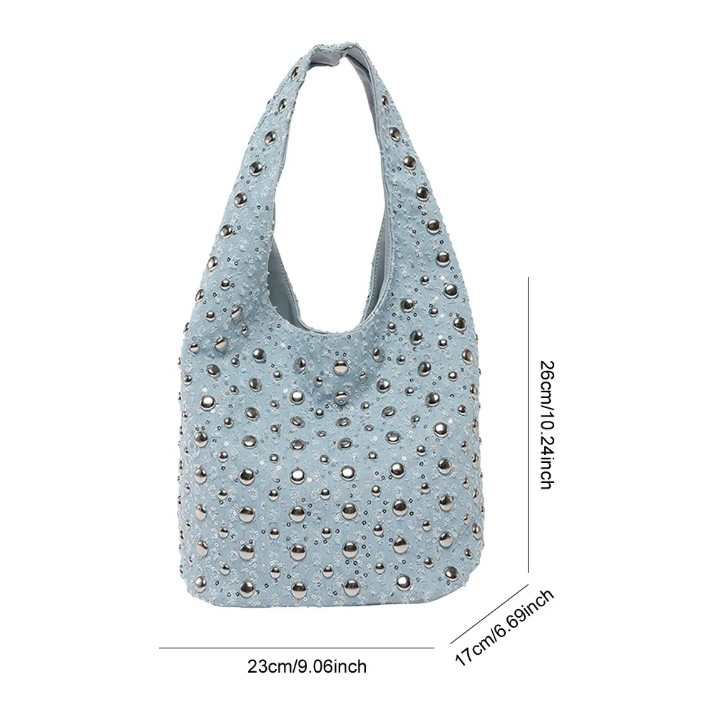 Rivet Inlaid Shoulder Bag Denim Retro Underarm Pouch Punk Trendy Hobo Bucket Bag Women Summer Motorcycle Style Tote Handbag