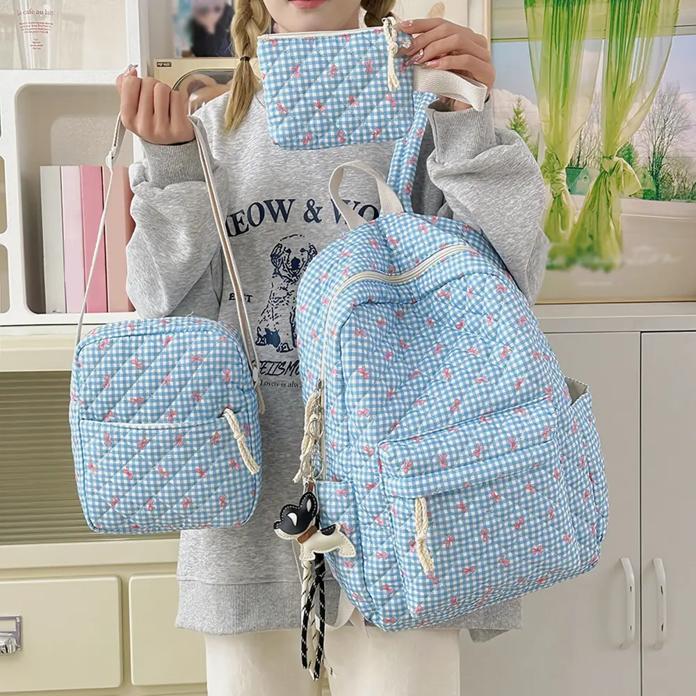 3Pcs Cute Quilted Backpack Large Capacity All-Match School Bag with Small Crossbody Bag Wallet Grid Laptop Double shoulder Bag