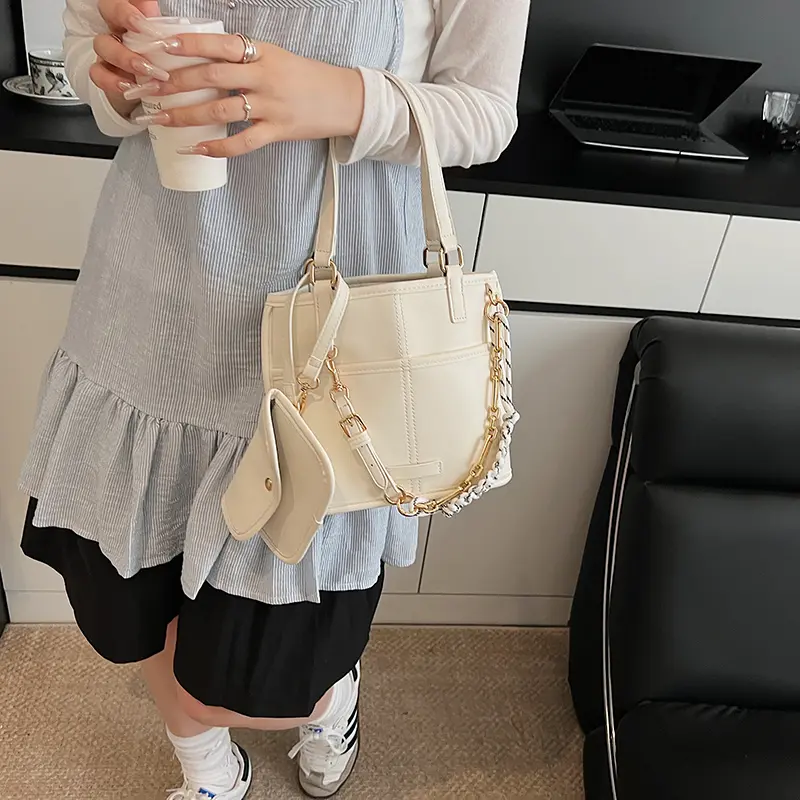 Vintage Chain Bucket Bag with Matching Clutch Leather Handbag Set Simple Black Crossbody Bags Large Capacity Tote Shoulder Bag