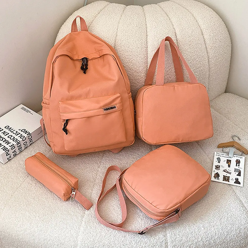 4 PCS Backpacks Sets for Teenage Large Capacity Solid College Schoolbags Lightweight Portable Knapsacks Students Travel Rucksack