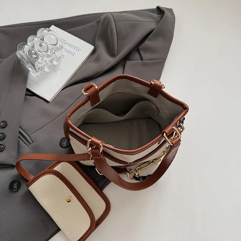 Vintage Chain Bucket Bag with Matching Clutch Leather Handbag Set Simple Black Crossbody Bags Large Capacity Tote Shoulder Bag