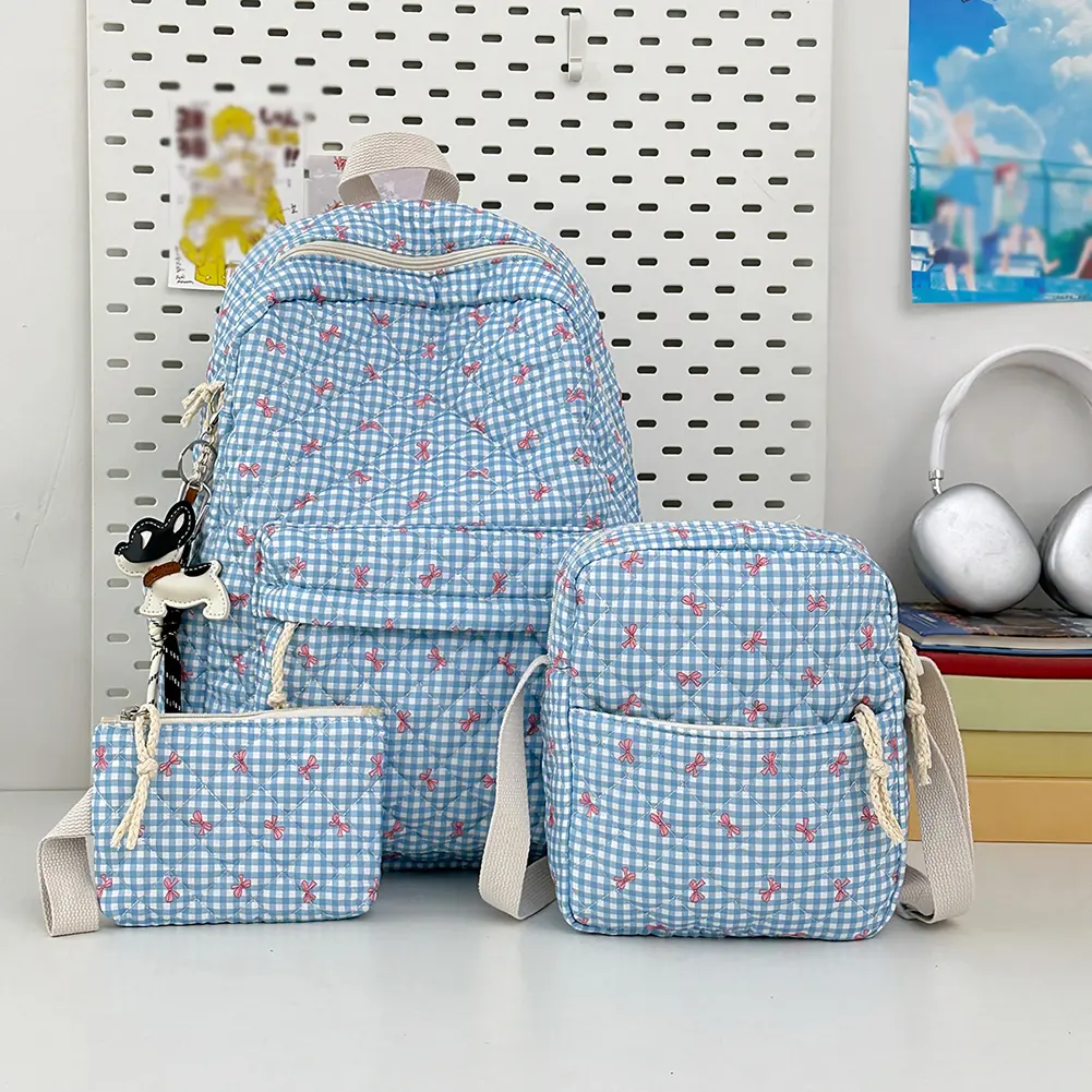 3Pcs Cute Quilted Backpack Large Capacity All-Match School Bag with Small Crossbody Bag Wallet Grid Laptop Double shoulder Bag
