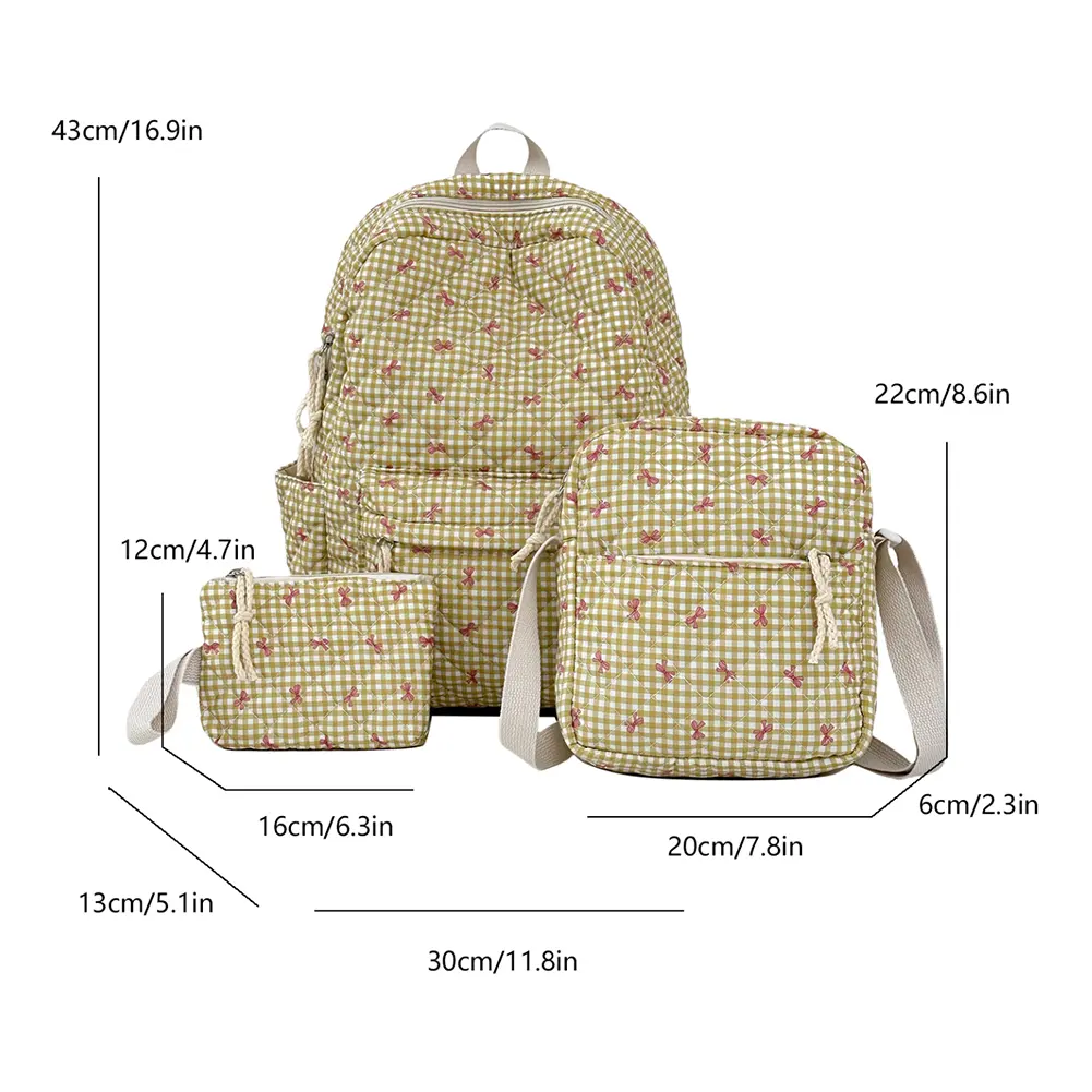 3Pcs Cute Quilted Backpack Large Capacity All-Match School Bag with Small Crossbody Bag Wallet Grid Laptop Double shoulder Bag