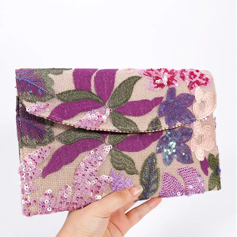 High-Grade Envelope Bag Sequin Embroidery Bling Evening Bags Straw Floral Pattern Handbag Party Wedding Cotton Linen Clutch Bag