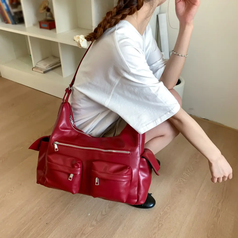 Women Mutiple Pockets Shoulder Bag Vinage Leather Satchel Engine Purse Trendy Tote Handbag Work Underarm Pouch Daily Armpit Bag
