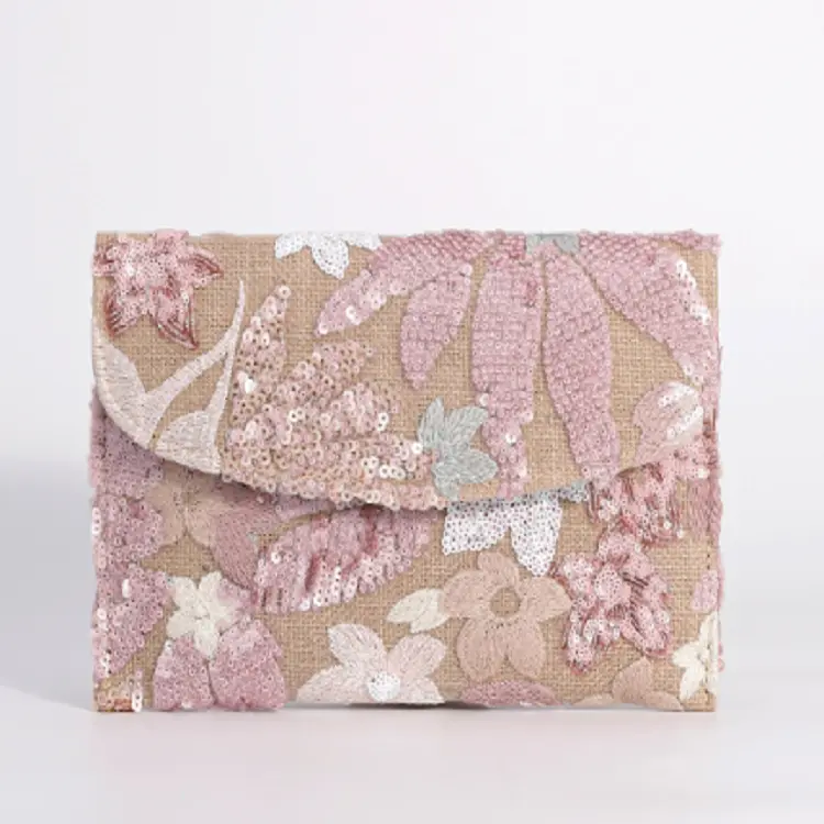 High-Grade Envelope Bag Sequin Embroidery Bling Evening Bags Straw Floral Pattern Handbag Party Wedding Cotton Linen Clutch Bag