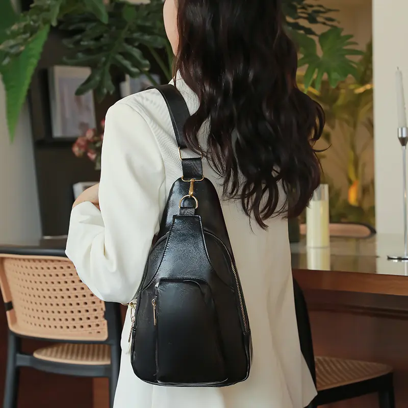 Women Chest Bag PU Leather Casual Crossbody Bags Waterproof Retro Messenger Pack Commuting Shoulder Bag Vintage Travel Pockets