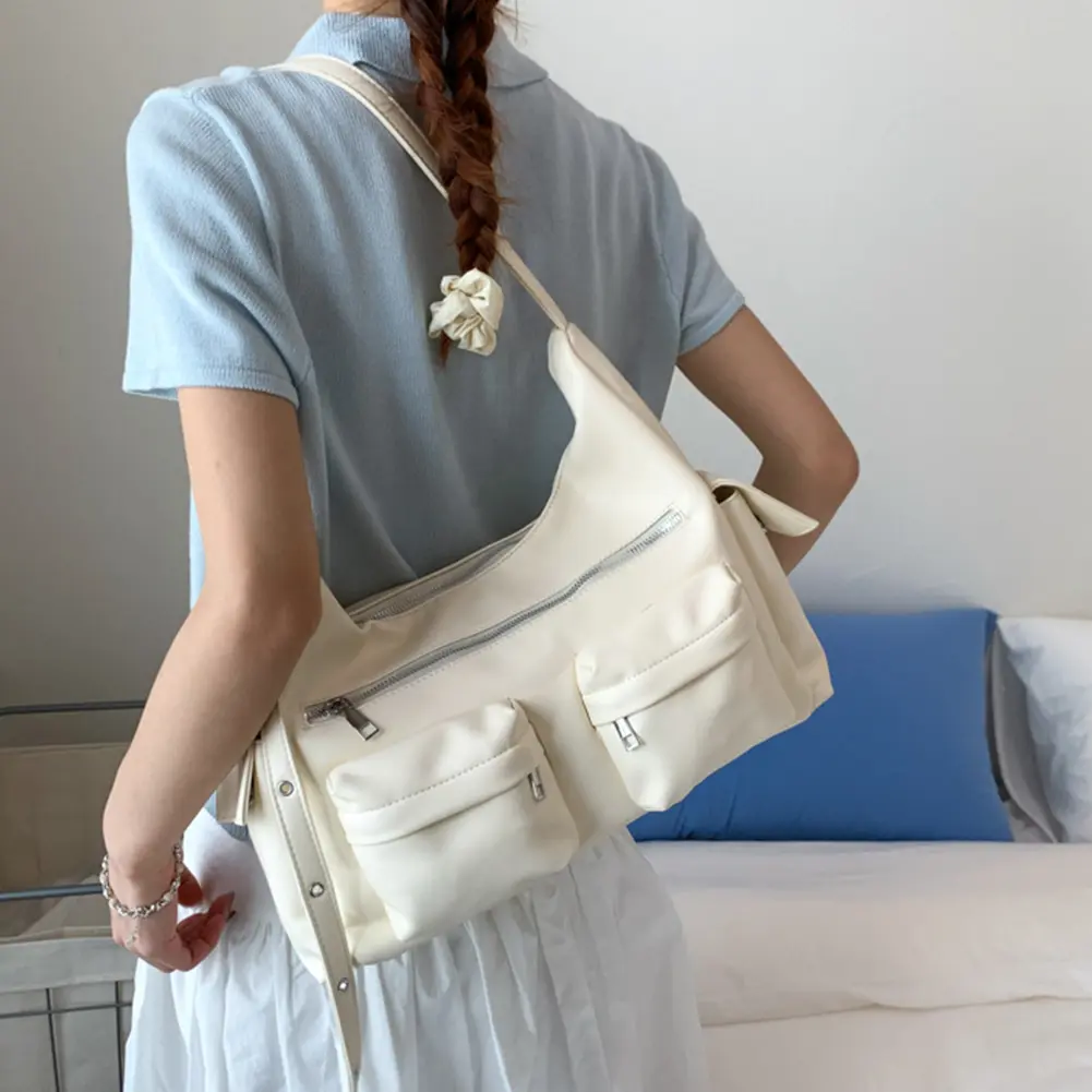 Women Mutiple Pockets Shoulder Bag Vinage Leather Satchel Engine Purse Trendy Tote Handbag Work Underarm Pouch Daily Armpit Bag