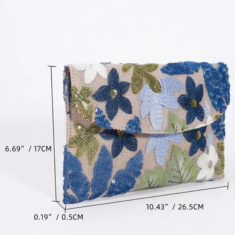 High-Grade Envelope Bag Sequin Embroidery Bling Evening Bags Straw Floral Pattern Handbag Party Wedding Cotton Linen Clutch Bag