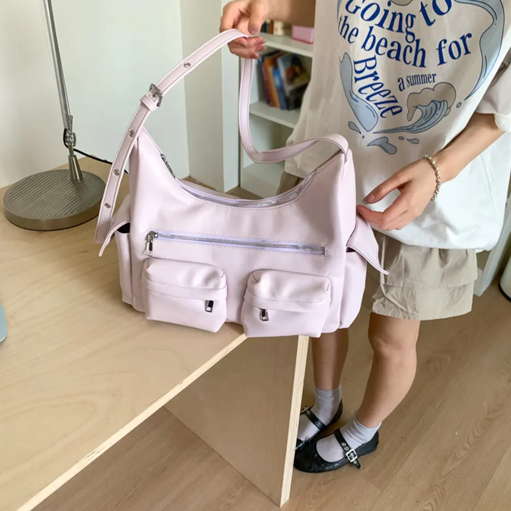 Women Mutiple Pockets Shoulder Bag Vinage Leather Satchel Engine Purse Trendy Tote Handbag Work Underarm Pouch Daily Armpit Bag