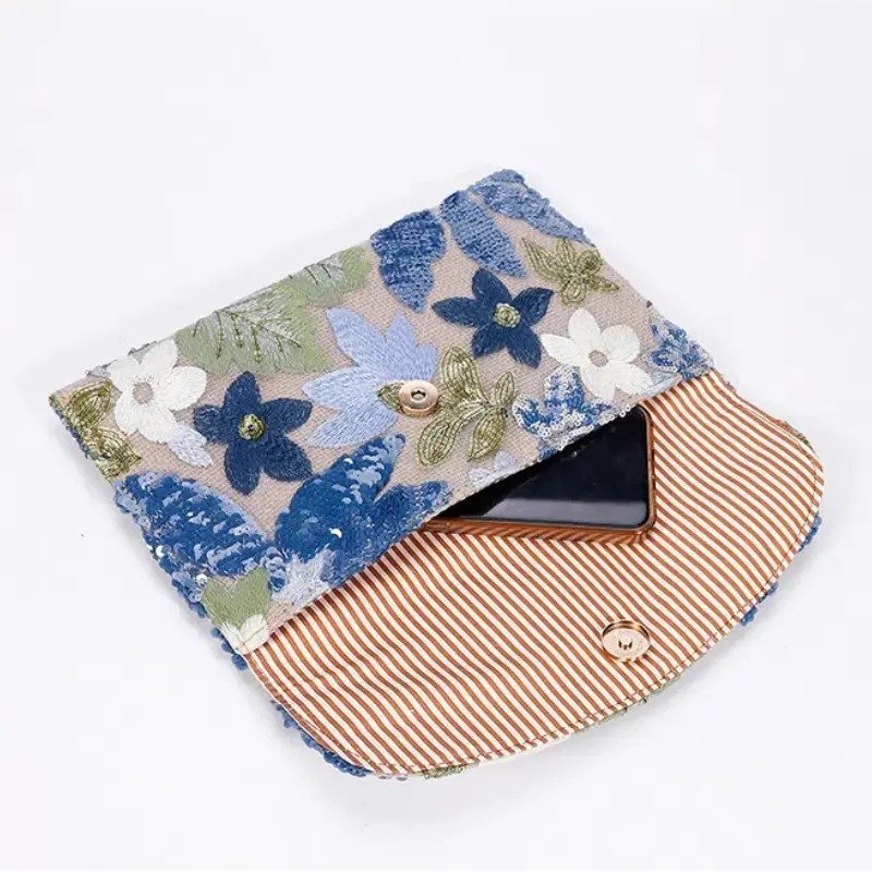 High-Grade Envelope Bag Sequin Embroidery Bling Evening Bags Straw Floral Pattern Handbag Party Wedding Cotton Linen Clutch Bag