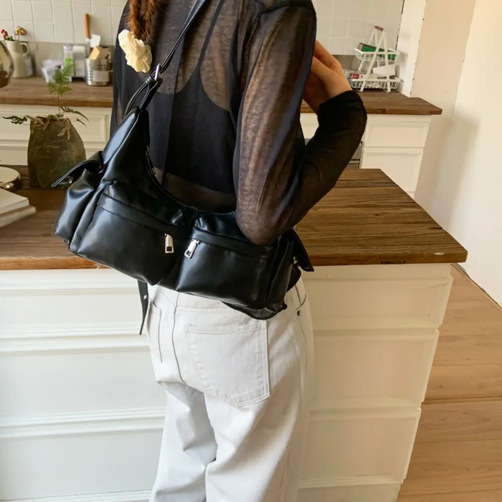Women Mutiple Pockets Shoulder Bag Vinage Leather Satchel Engine Purse Trendy Tote Handbag Work Underarm Pouch Daily Armpit Bag