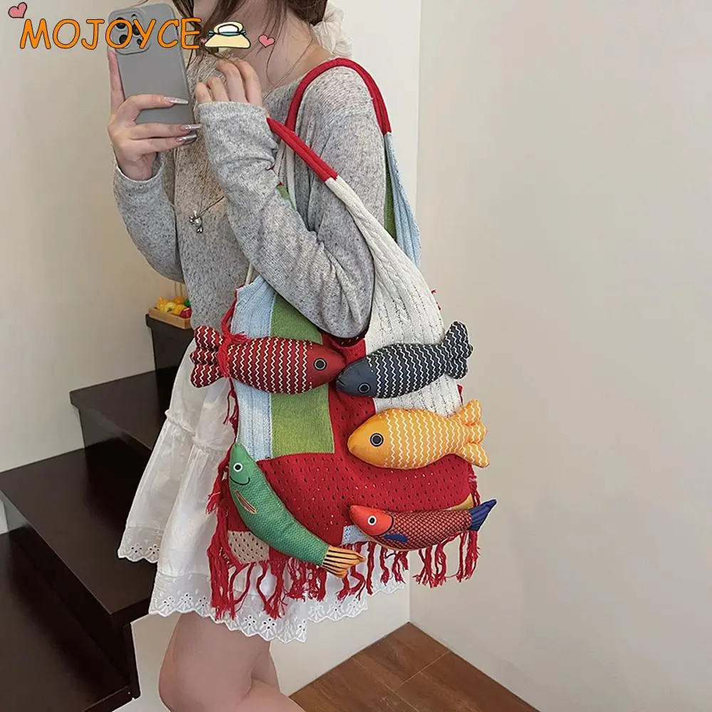 Crochet Tote Handbag Women Girls Summer Large Capacity Tote Handbag Knitted Shoulder Boho Bags with Cute Handmade Doll Fish