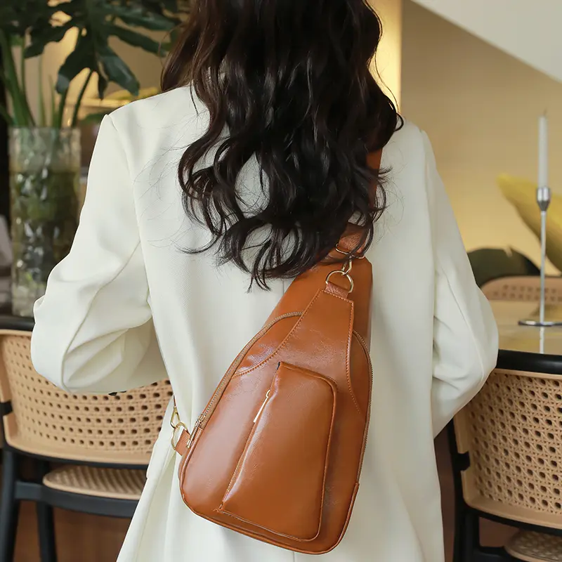 Women Chest Bag PU Leather Casual Crossbody Bags Waterproof Retro Messenger Pack Commuting Shoulder Bag Vintage Travel Pockets