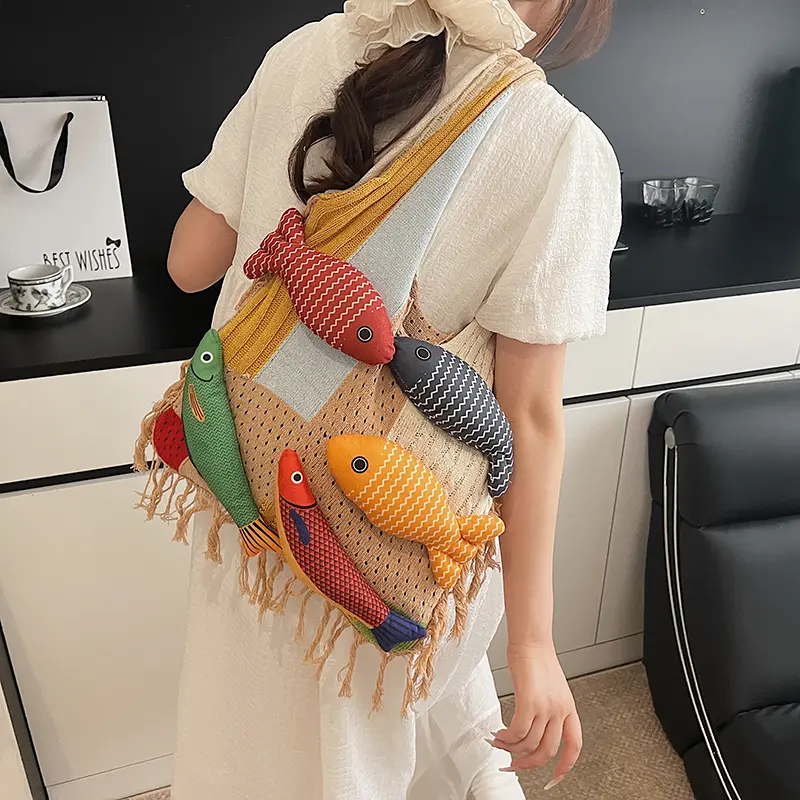 Crochet Tote Handbag Women Girls Summer Large Capacity Tote Handbag Knitted Shoulder Boho Bags with Cute Handmade Doll Fish