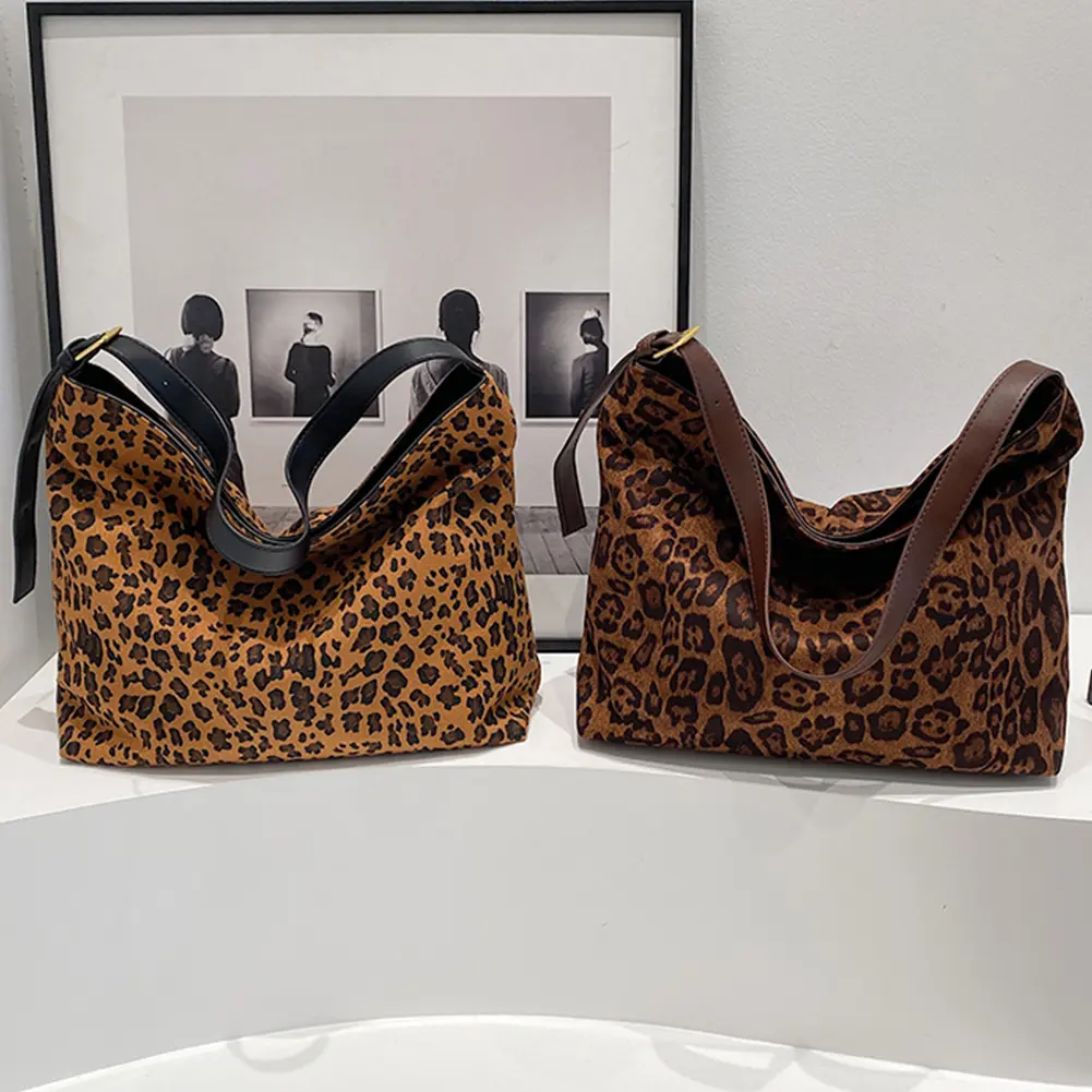Women Retro Leopard Hobo Handbag Adjustable Shoulder Straps Faux Suede Large Shoulder Bag Shopping Bag for Women Travel Shopping