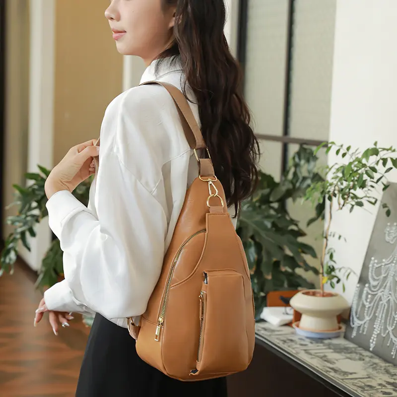 Women Chest Bag PU Leather Casual Crossbody Bags Waterproof Retro Messenger Pack Commuting Shoulder Bag Vintage Travel Pockets
