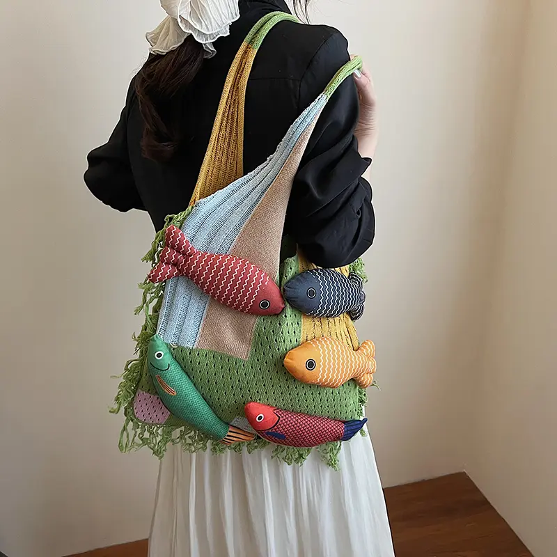 Crochet Tote Handbag Women Girls Summer Large Capacity Tote Handbag Knitted Shoulder Boho Bags with Cute Handmade Doll Fish