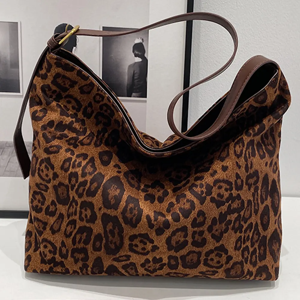 Women Retro Leopard Hobo Handbag Adjustable Shoulder Straps Faux Suede Large Shoulder Bag Shopping Bag for Women Travel Shopping