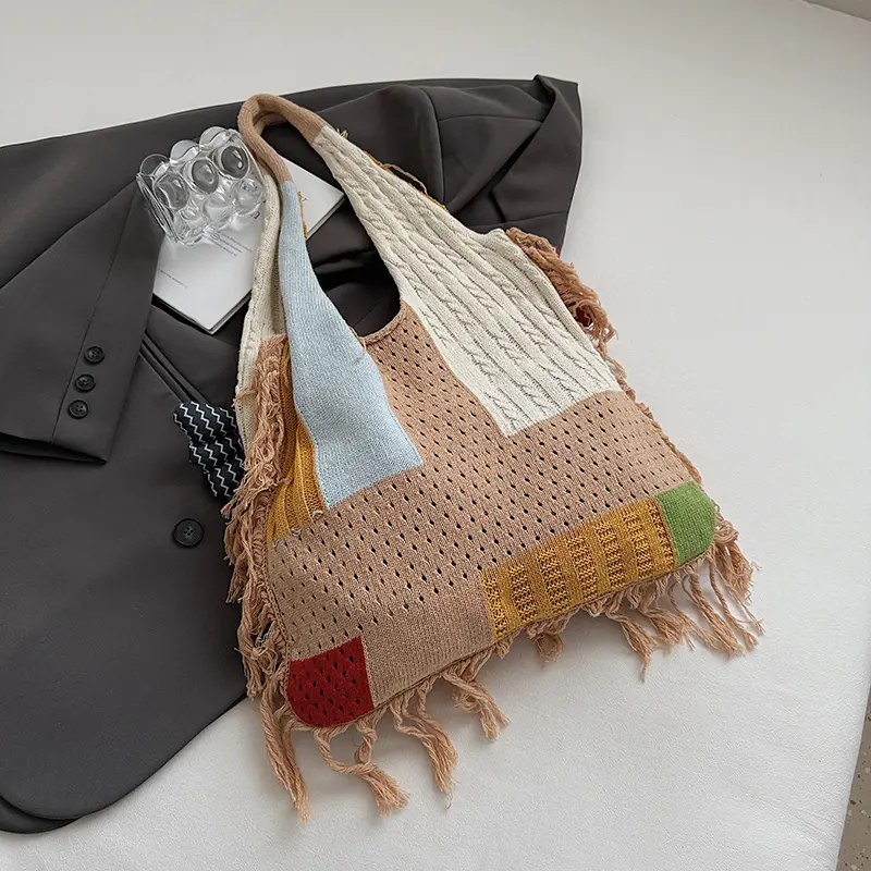 Crochet Tote Handbag Women Girls Summer Large Capacity Tote Handbag Knitted Shoulder Boho Bags with Cute Handmade Doll Fish