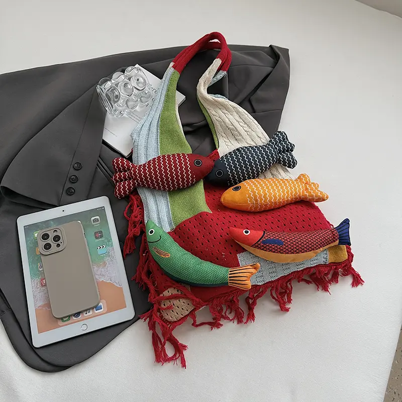 Crochet Tote Handbag Women Girls Summer Large Capacity Tote Handbag Knitted Shoulder Boho Bags with Cute Handmade Doll Fish