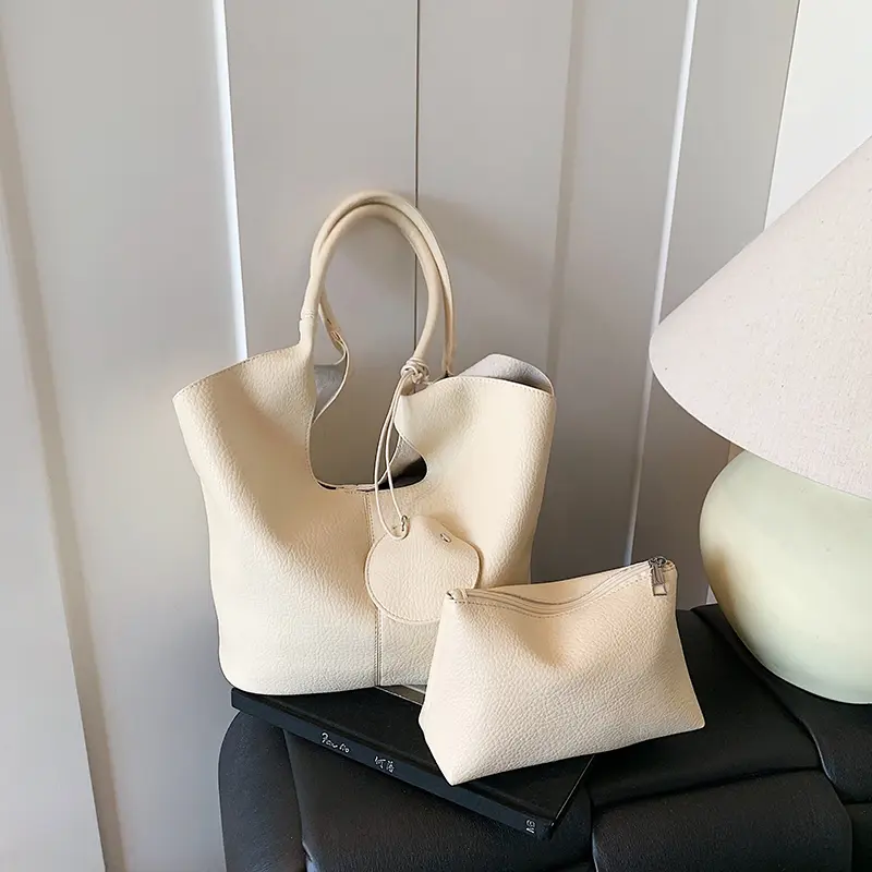 3in1 Leather Lychee Pattern Shoulder Bag Tote Handbag with Liner Bag and Small Bag Commute Soft Armpit Bag Casual Bucket Bags