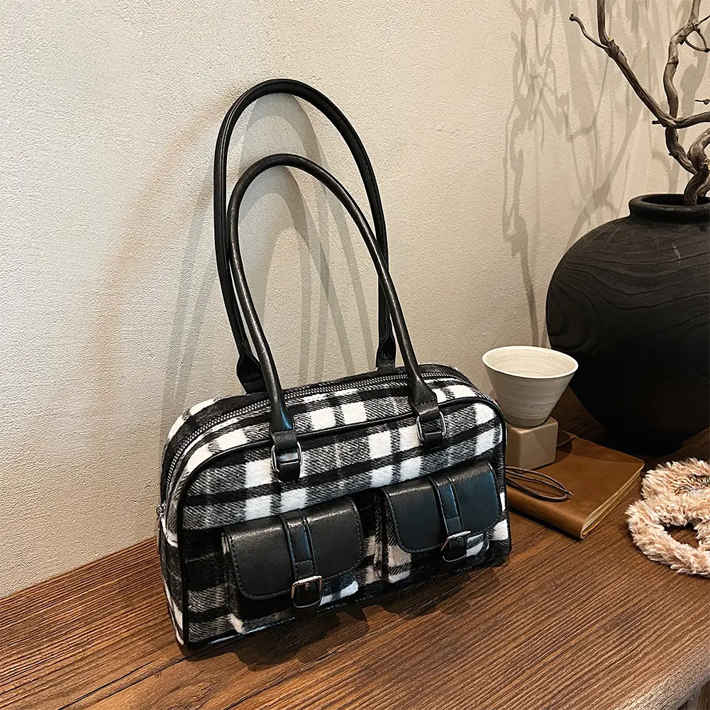 Vintage Leather Shoulder Bag with Double Pockets Korean Clutch Purses Large Capacity Tote Handbags Simple Boston Top-Handle Bags