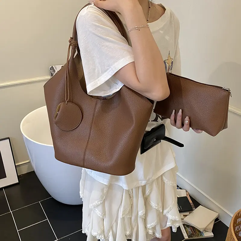3in1 Leather Lychee Pattern Shoulder Bag Tote Handbag with Liner Bag and Small Bag Commute Soft Armpit Bag Casual Bucket Bags