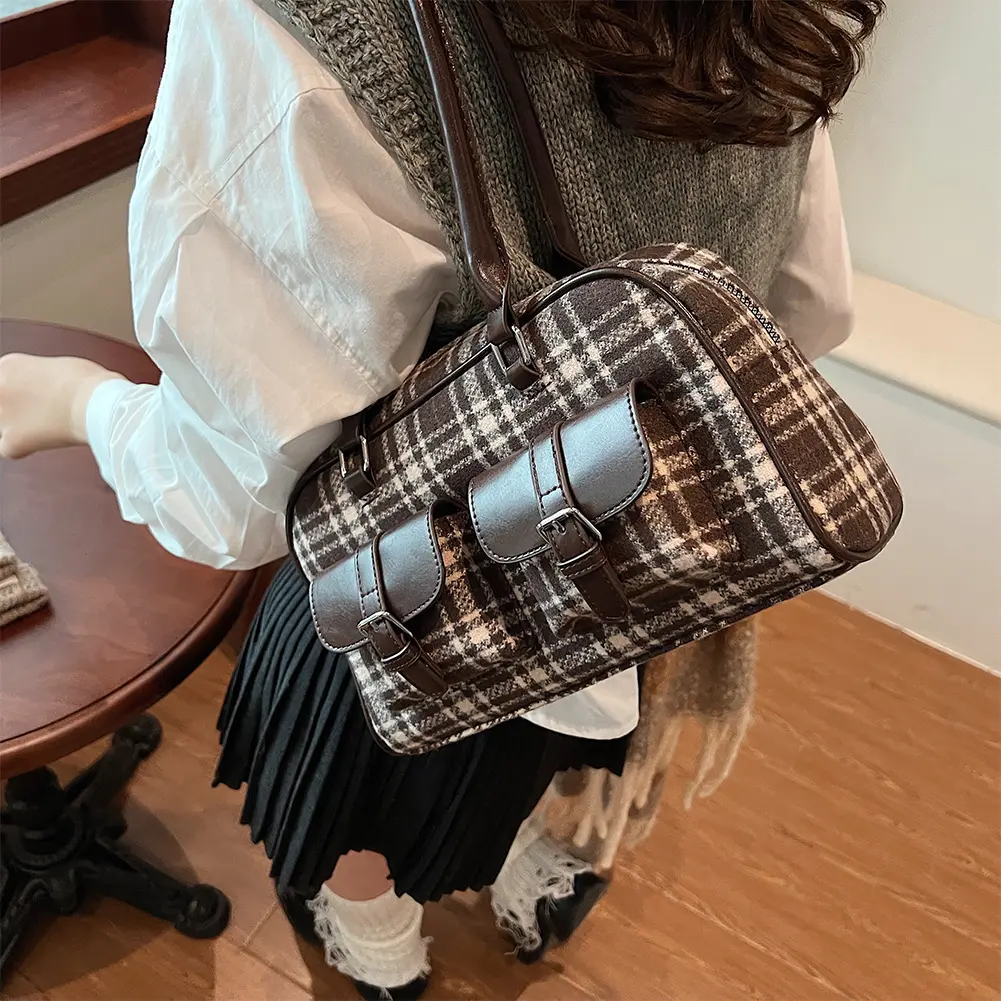 Vintage Leather Shoulder Bag with Double Pockets Korean Clutch Purses Large Capacity Tote Handbags Simple Boston Top-Handle Bags