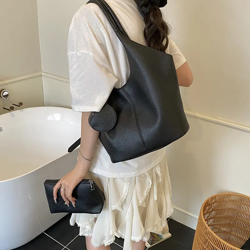3in1 Leather Lychee Pattern Shoulder Bag Tote Handbag with Liner Bag and Small Bag Commute Soft Armpit Bag Casual Bucket Bags