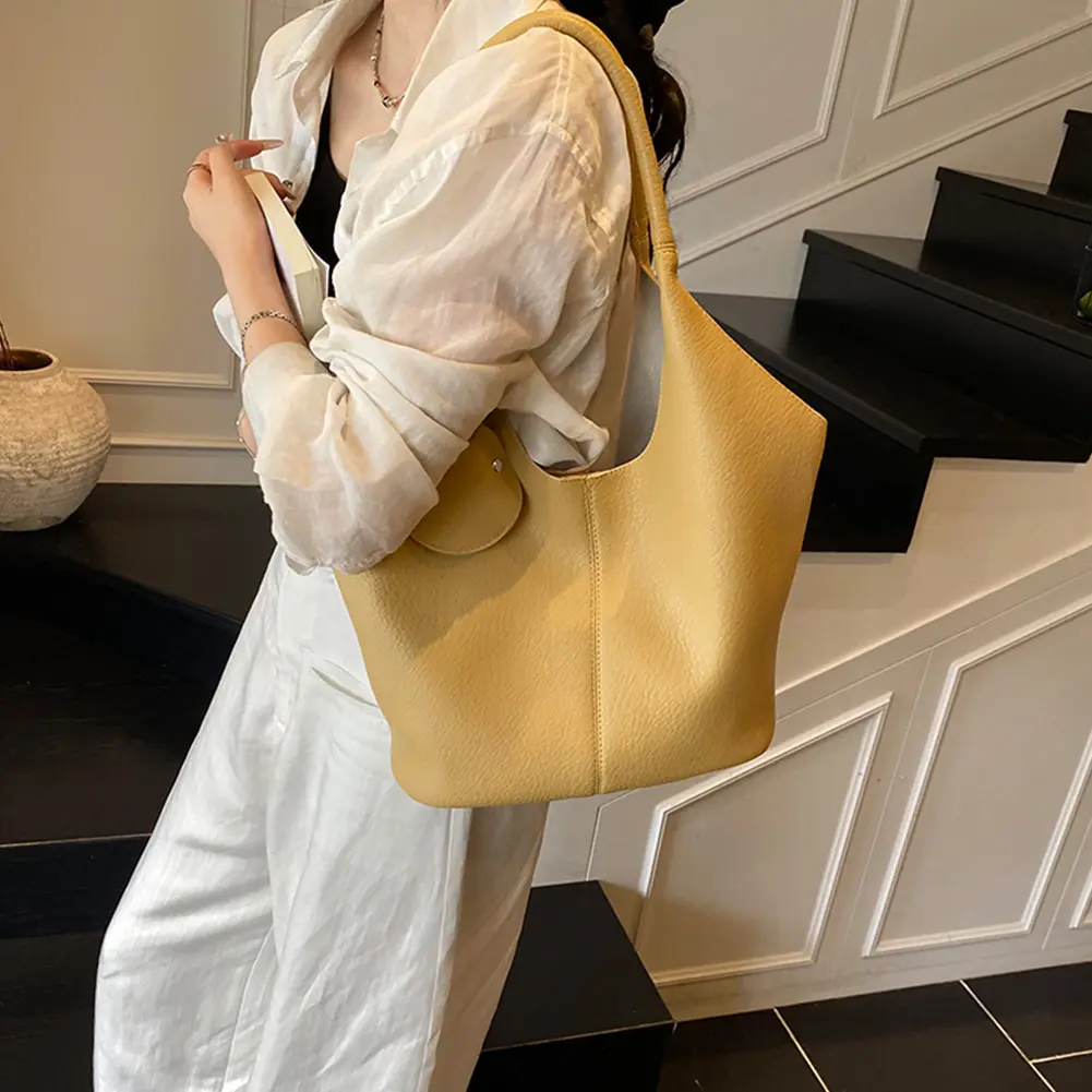 3in1 Leather Lychee Pattern Shoulder Bag Tote Handbag with Liner Bag and Small Bag Commute Soft Armpit Bag Casual Bucket Bags