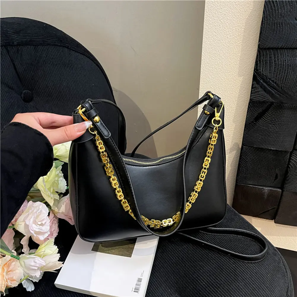 Leather Retro Crescent Shoulder Bag Women Half Moon Crossbody Bag Chain Clutch Tote Handbags Retro Armpit Bag Underarm Pouch