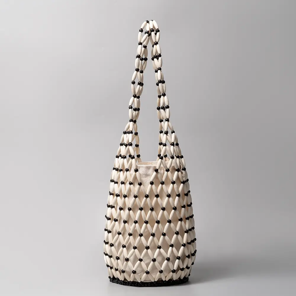 Women Hollow-out Shoulder Bags Woven Hand Bag Wooden Bead Bucket Bags Beach Top-Handle Bags Vintage Netted Canvas Tote Handbag
