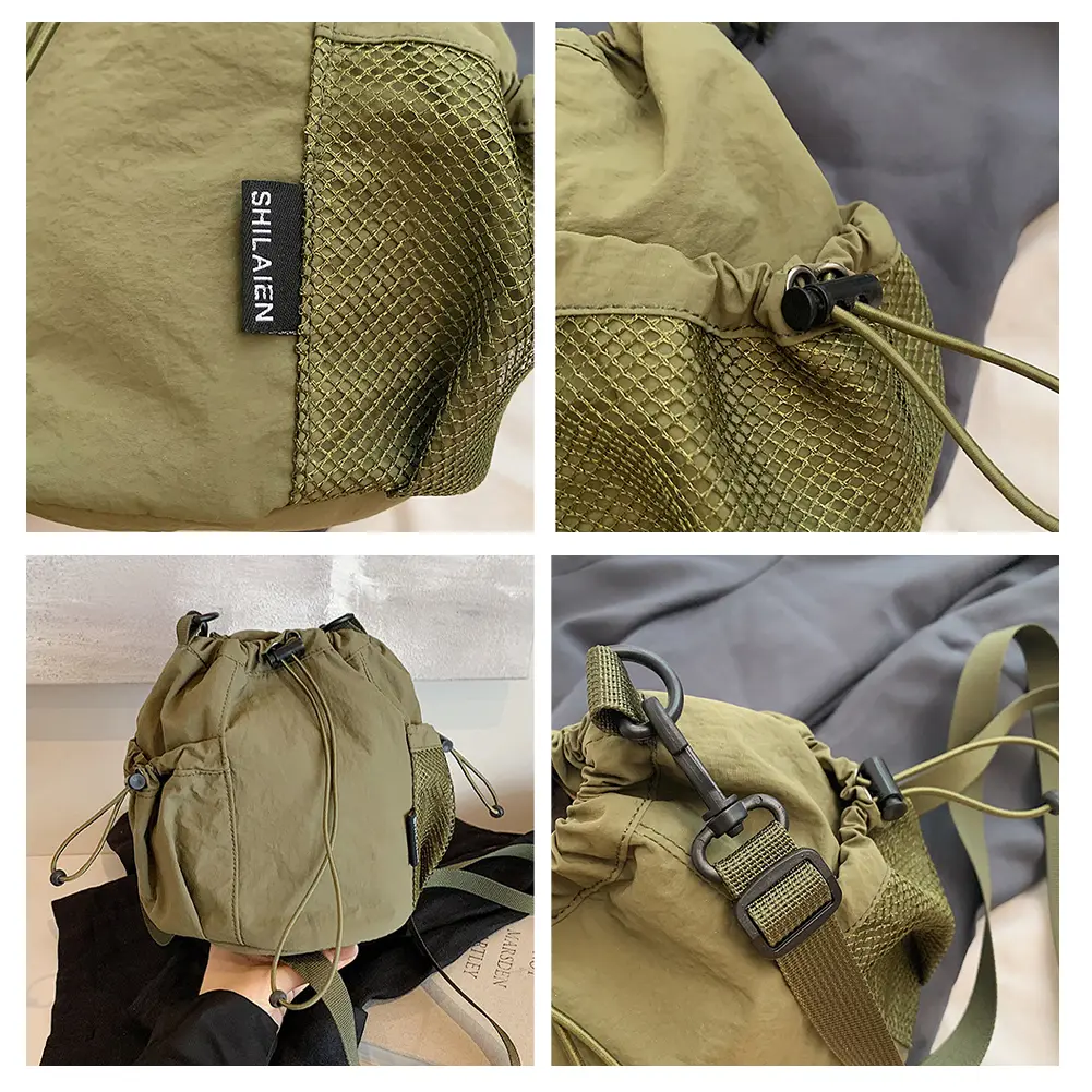 Small Nylon Mobile Phone Bucket Bag with Inner Drawstring Cell Phone Purse Sports Crossbody Bags Travel Shopping Shoulder Bag