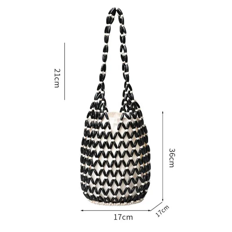 Women Hollow-out Shoulder Bags Woven Hand Bag Wooden Bead Bucket Bags Beach Top-Handle Bags Vintage Netted Canvas Tote Handbag