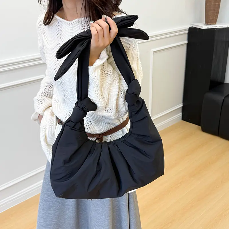 Women Pleated Cloud Tote Handbag Soft Bow Top-Handle Bags INS Shoulder Bags Lightweight Travel Crossbody Bags Underarm Pouch