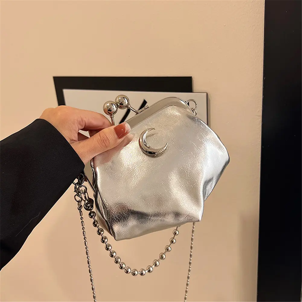 Women PU Moon Kiss Lock Clutch Purse Beads Strap Evening Bag Solid Color Large Capacity Crossbody Shoulder Bags Hobo Handbag