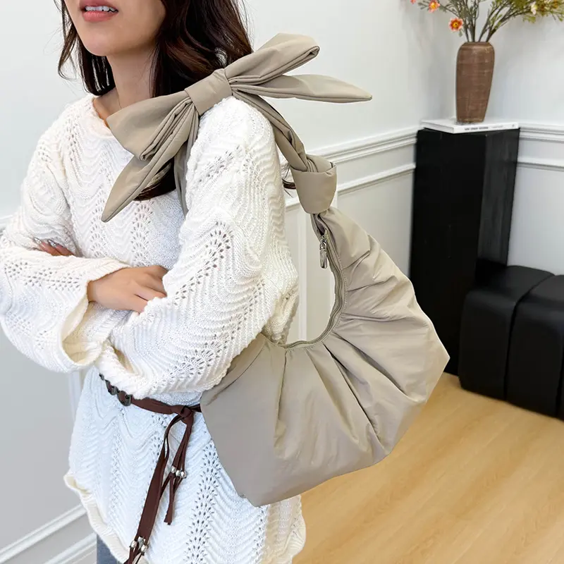 Women Pleated Cloud Tote Handbag Soft Bow Top-Handle Bags INS Shoulder Bags Lightweight Travel Crossbody Bags Underarm Pouch
