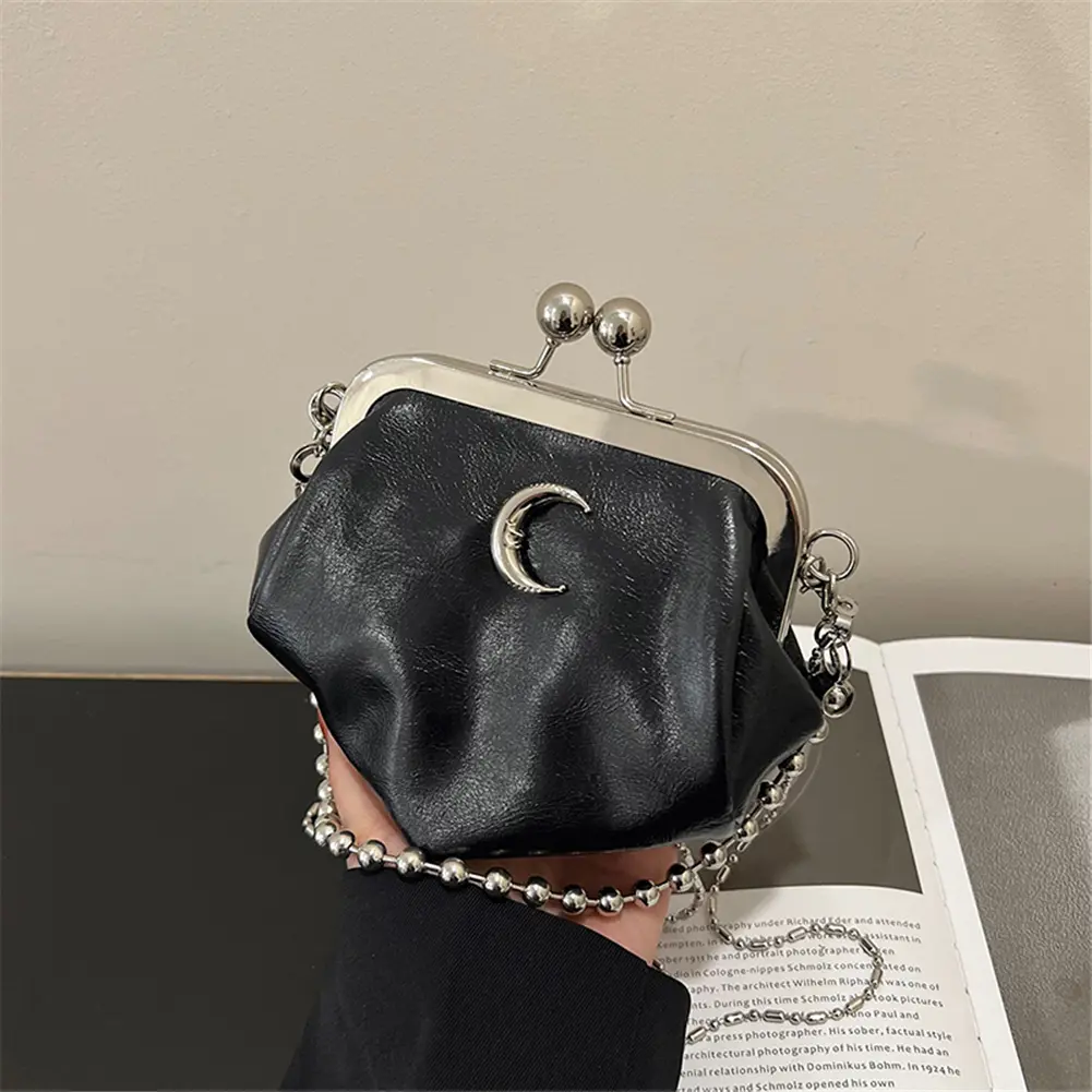 Women PU Moon Kiss Lock Clutch Purse Beads Strap Evening Bag Solid Color Large Capacity Crossbody Shoulder Bags Hobo Handbag