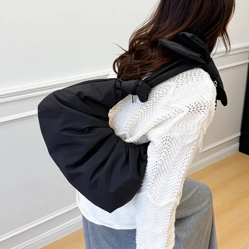 Women Pleated Cloud Tote Handbag Soft Bow Top-Handle Bags INS Shoulder Bags Lightweight Travel Crossbody Bags Underarm Pouch