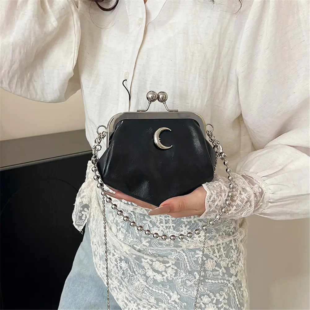 Women PU Moon Kiss Lock Clutch Purse Beads Strap Evening Bag Solid Color Large Capacity Crossbody Shoulder Bags Hobo Handbag