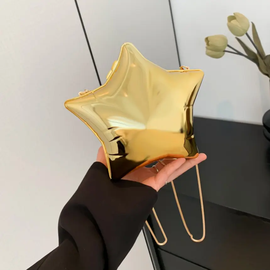 2024 Niche Design Gold Chain Women Evening Bag Novelty Bright Face Five Pointed Star Shoulder Bag Funny Acrylic Party Clutch Bag