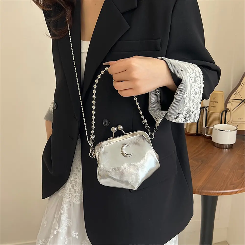 Women PU Moon Kiss Lock Clutch Purse Beads Strap Evening Bag Solid Color Large Capacity Crossbody Shoulder Bags Hobo Handbag