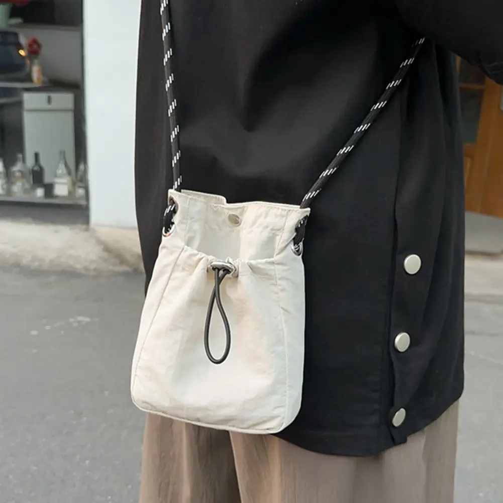 Women Soft Cloth Drawstring Bag Solid Color Nylon Crossbody Bags Wear Resist Mini Sling Phone Bag Small Travel Shopping Bucket