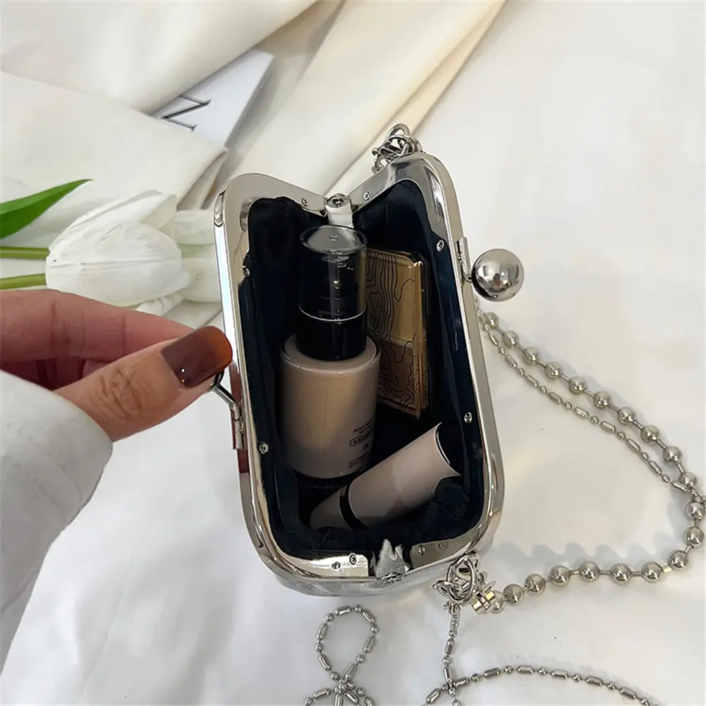 Women PU Moon Kiss Lock Clutch Purse Beads Strap Evening Bag Solid Color Large Capacity Crossbody Shoulder Bags Hobo Handbag