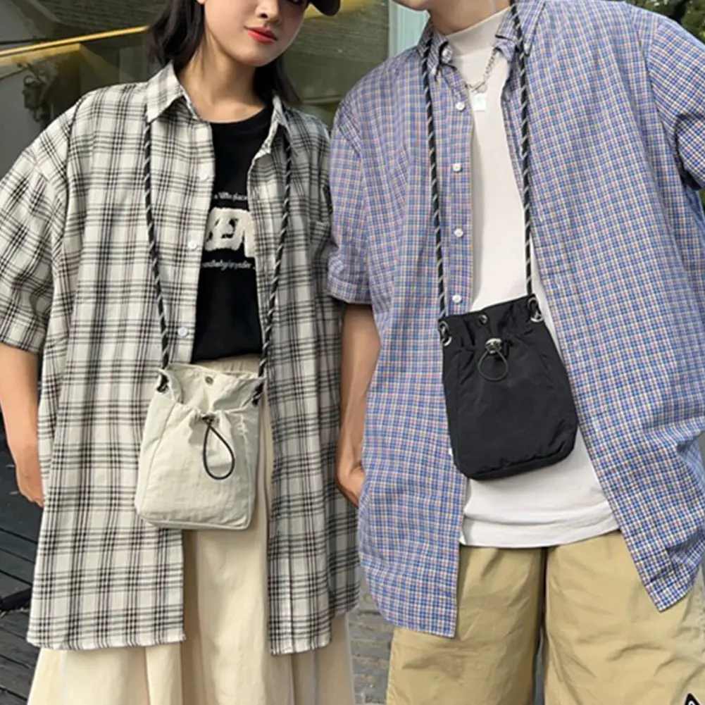 Women Soft Cloth Drawstring Bag Solid Color Nylon Crossbody Bags Wear Resist Mini Sling Phone Bag Small Travel Shopping Bucket