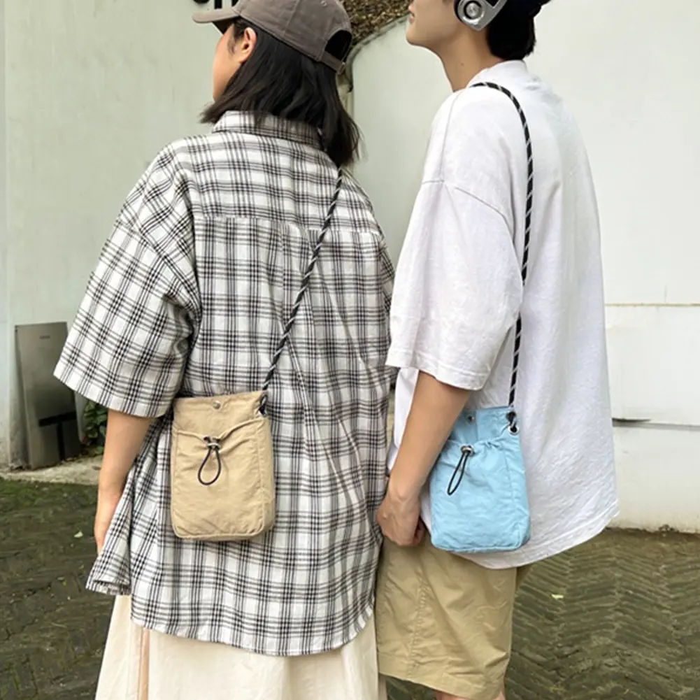 Women Soft Cloth Drawstring Bag Solid Color Nylon Crossbody Bags Wear Resist Mini Sling Phone Bag Small Travel Shopping Bucket