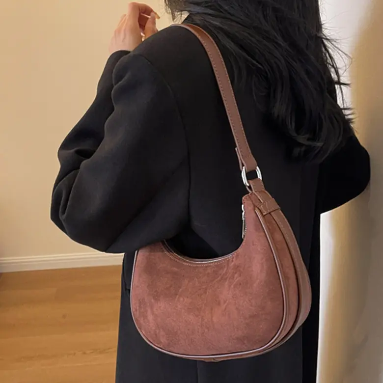 Retro Crescent Shoulder Bag for Women High-end Suede Crossbody Bags Solid Versatile Ladies Underarm Bag Adjustable Strap Satchel