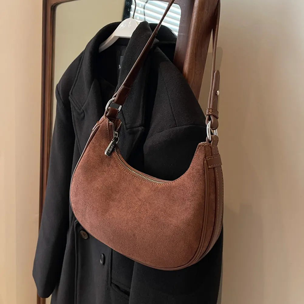 Retro Crescent Shoulder Bag for Women High-end Suede Crossbody Bags Solid Versatile Ladies Underarm Bag Adjustable Strap Satchel