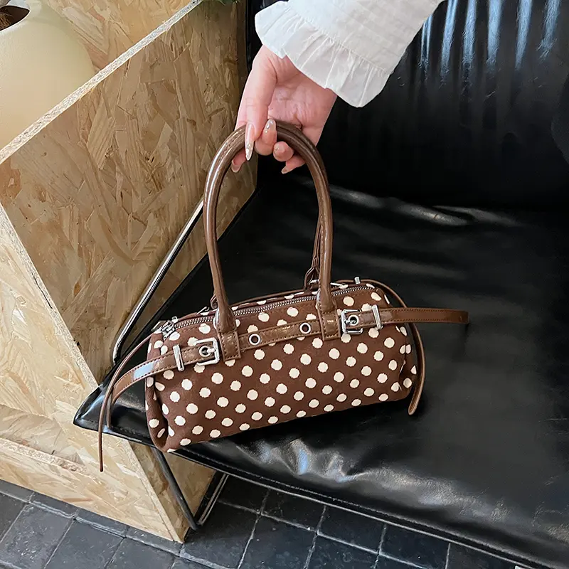 Women Canvas Polka Dot Handbag Zipper Closure Casual Armpit Bag Large Capacity Leisure Shoulder Bag Seaside Trip Crossbody Bags